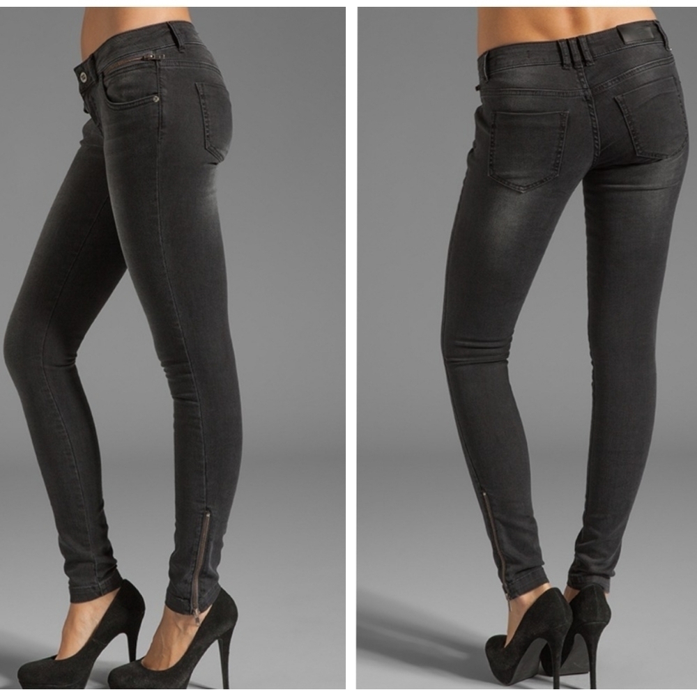 Annie Bing Double Zip Black Skinny Zippered Jeans Super Low Rise Y2k